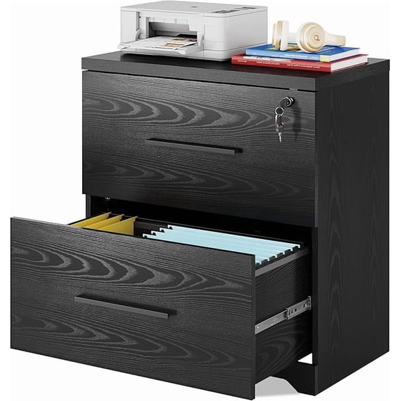 Wood Lateral File Cabinet with Lock for Office Home, Black