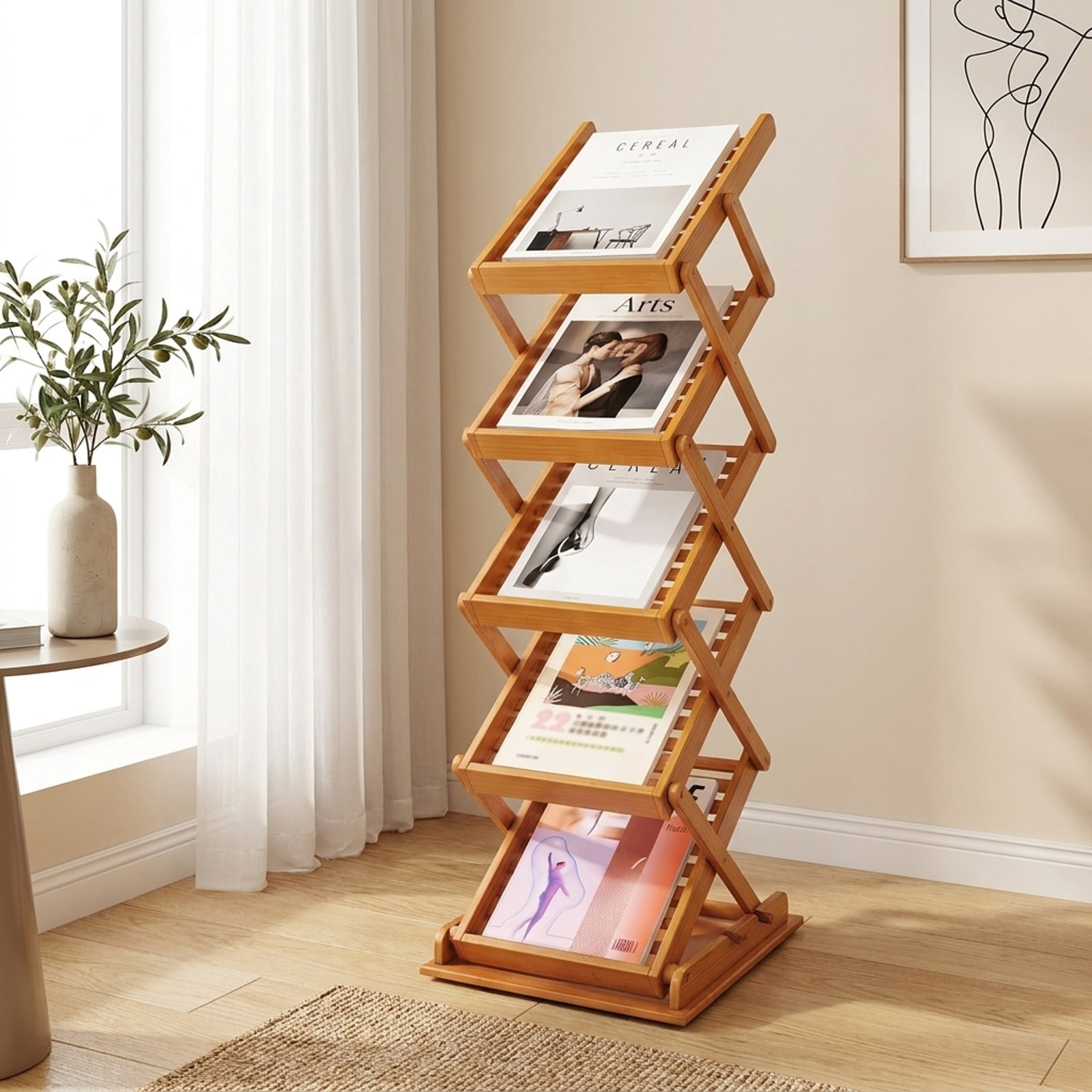 Furnibear Foldable Bamboo Magazine Rack with 2 Adjustable Positions for Living Room Home Office Bedroom Display Storage Shelf, Walnut