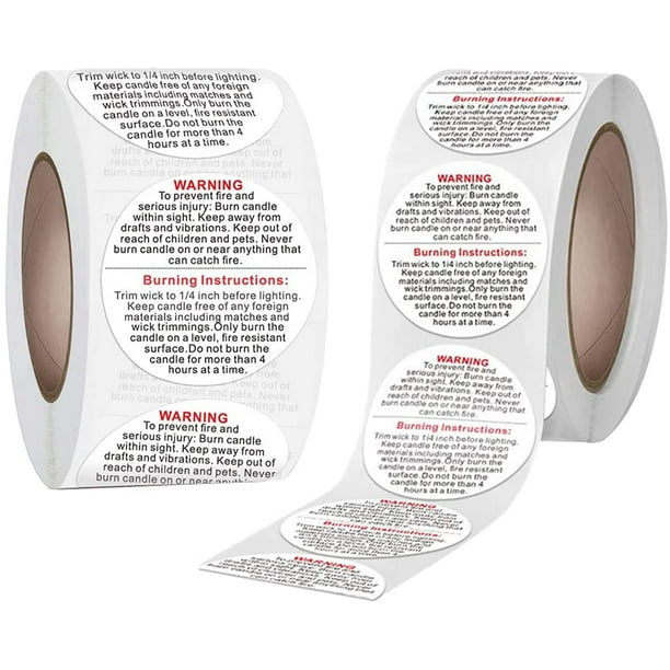 Fort Pack of 1000 candle warning stickers, roll warning stickers, stickers,  candles, adhesive labels for candle jars, cans, containers, 2 sticker rolls  