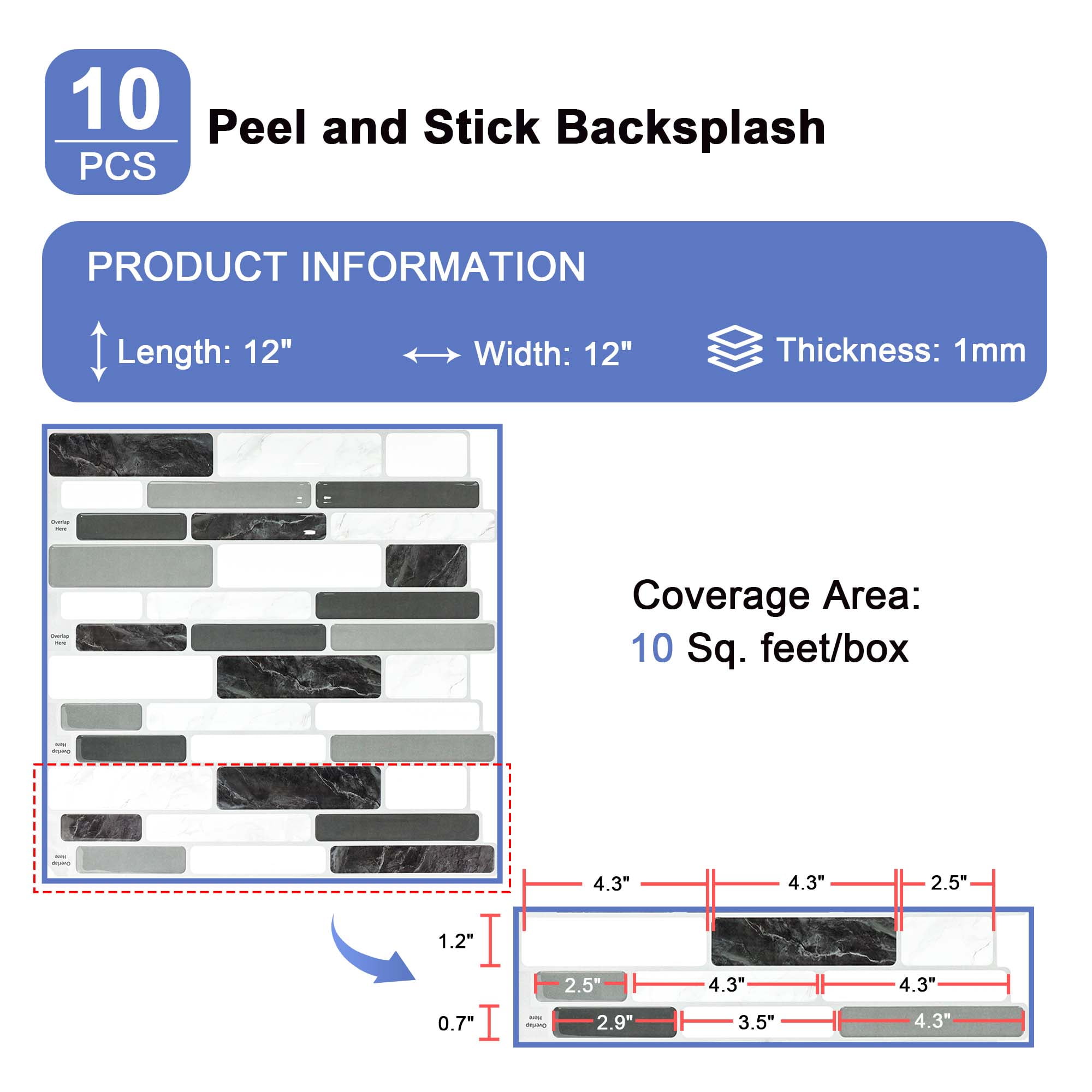 Gray Marble Peel and Stick Backsplash Tile for Kitchen 12×12 Set of 10