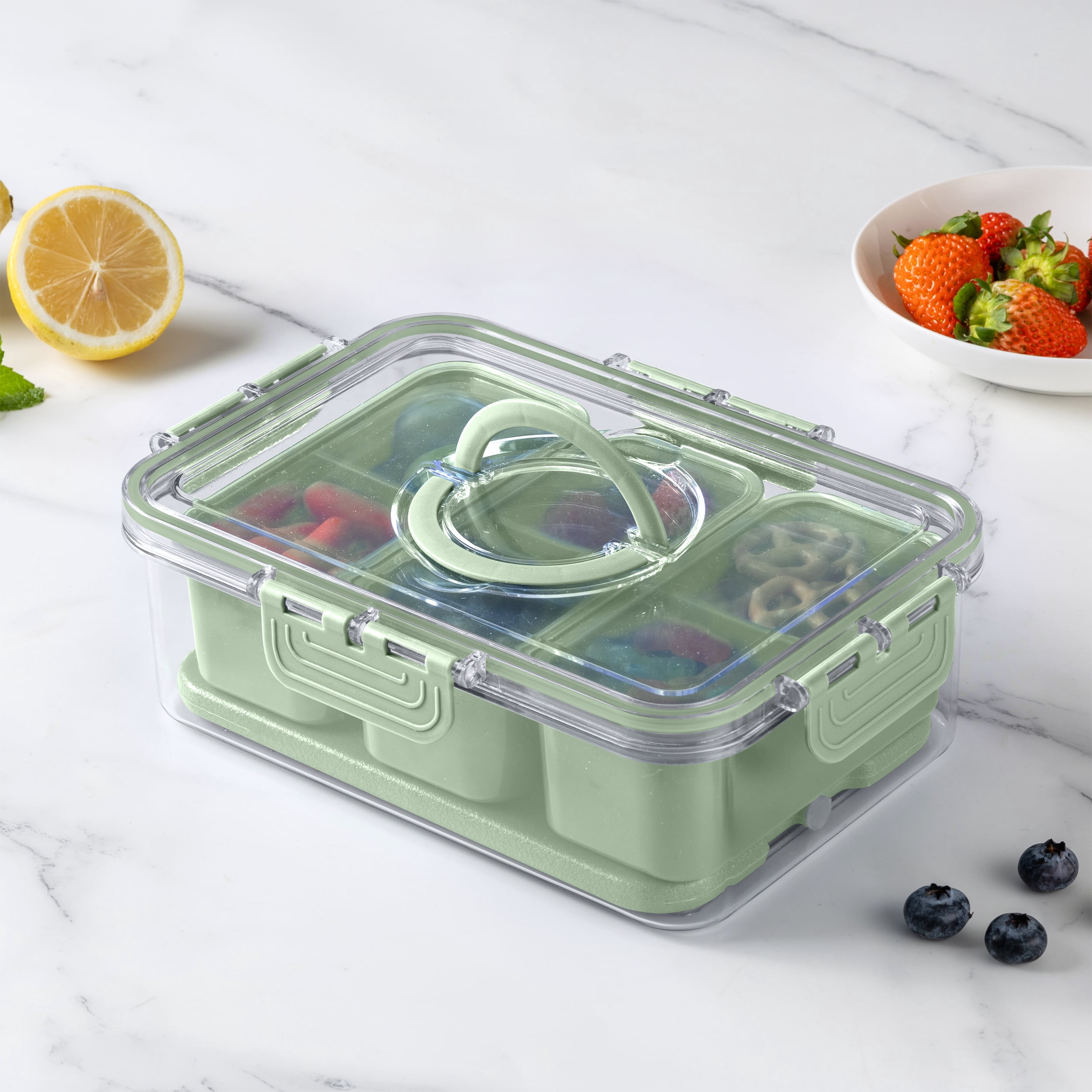 Cook with Color 3-Compartment Portable Snack Box Food Storage Container with Removable Ice Pack, Sage
