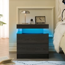 Black Woodgrain LED Nightstand - Modern Bedside Table Cabinet with 2 Drawers for Bedroom