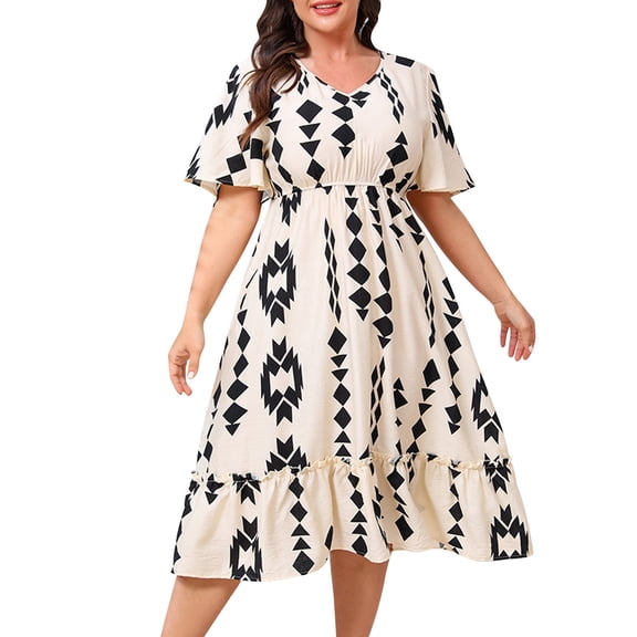 asdoklhq Sparkly Dresses for Womens Loose Plus Flared Sleeve Dress Beach Vacation Fresh Printed Mid Length Skirt Khaki 4X