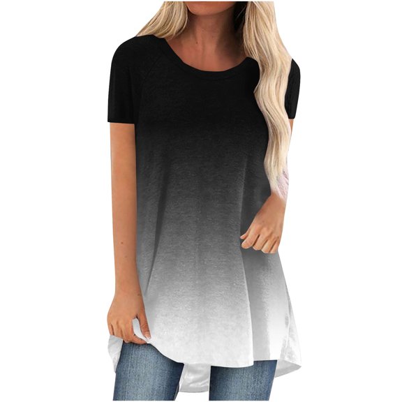 IROINNID Women's Summer Gradient Round-Neck Tunic Loose Short Pullover Sleeve Tops Blouse Spring Saving