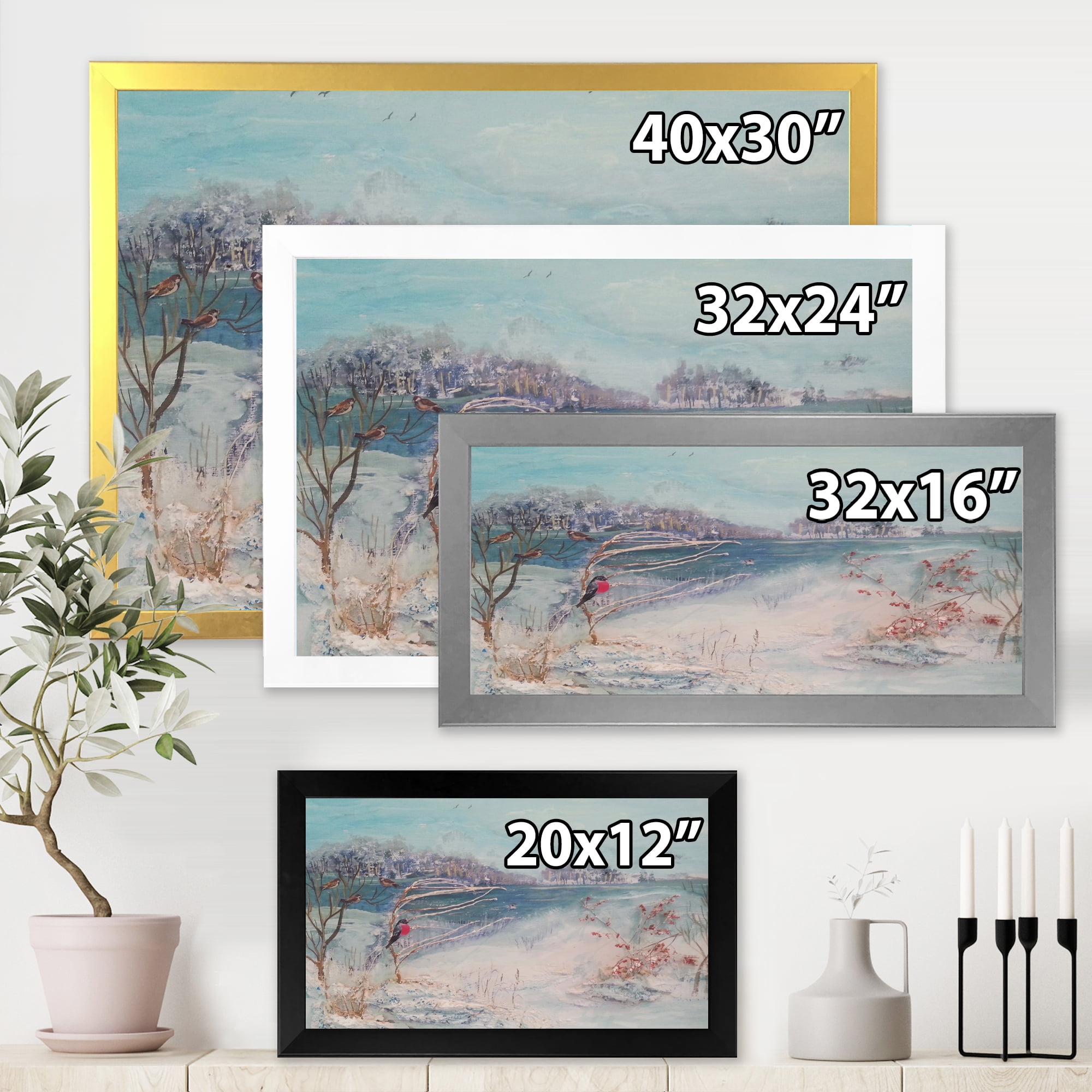 Designart 'Birds and Winter Trees By River' Lake House Framed Art Print