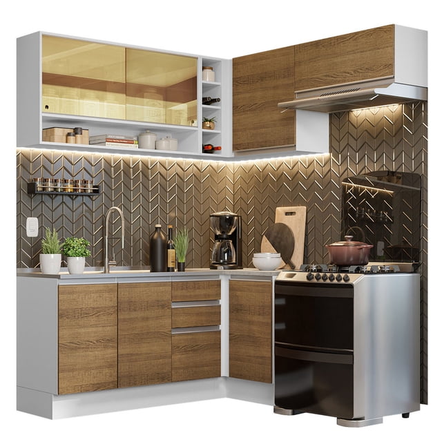 Cocina Integral Completa Esquinera Madesa Glamy 349cm 06 - Blanco/Marrón Madesa GCGL349006