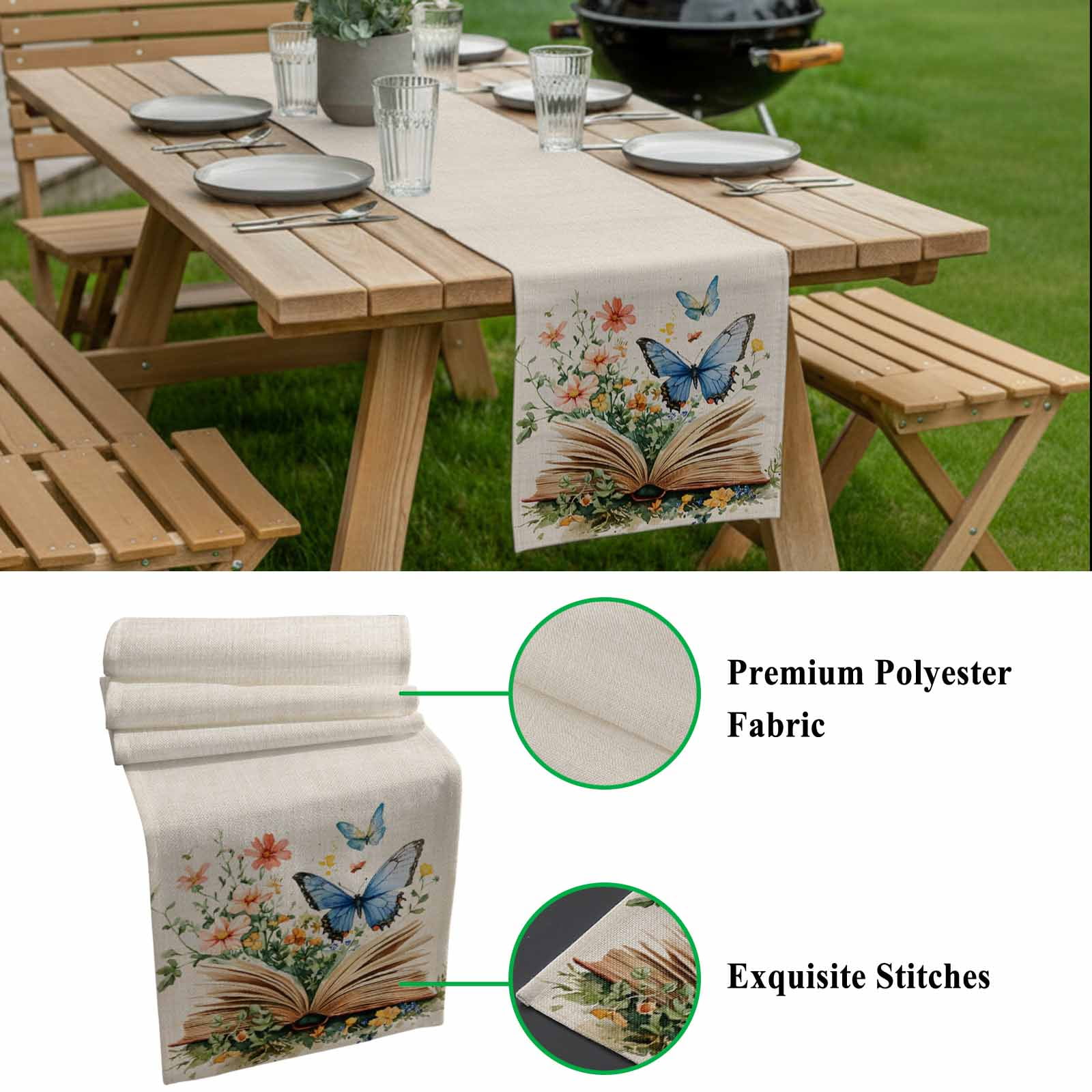 Butterfly Book Table Runner 13x90 inch Spring Flowers Cotton Linen Dining Table Runner Ideal for Dresser Kitchen Coffee Tables - Machine Washable