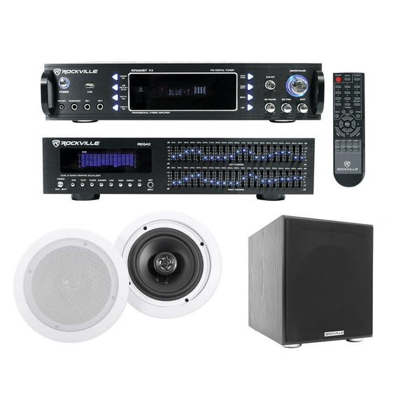 Rockville Home Theater Bluetooth Receiver EQ (2) Ceiling Speakers 8" Subwoofer