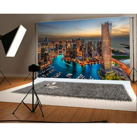 Image of HelloDecor 7x5ft Cityscape Night View Backdrop Mosern Building River Shining Lights Luxury Ship Nature Travel Photography Background Kids Children Adults Photo Studio Props