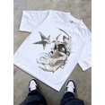 thumbnail image 4 of Women's Oversized White T-Shirt with Chrome Face and Star Graphic Print, Loose Fit Y2K Streetwear Tee Top, 4 of 9
