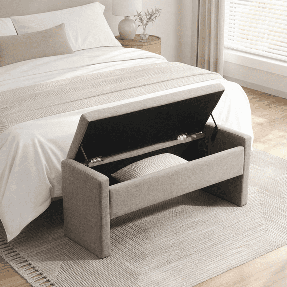 Modern Upholstered Storage Bench with Hydraulic Lift, 47-Inch Linen End-of-Bed Bench with Internal Storage for Bedroom, Living Room, Entryway, and Dorm, Brown and Grey