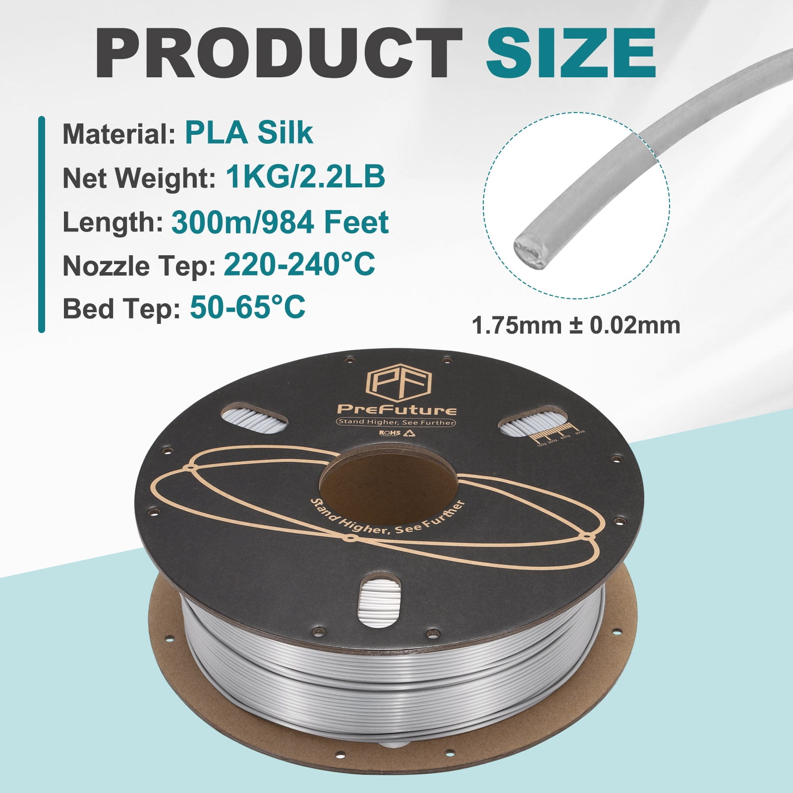 Uxcell Silk PLA Filament 1.75mm 1KG/2.2LB High Shine 3D Printer Filament, Enhanced Toughness, Dimensional Accuracy +/- 0.02mm for 3D Printer, Silver