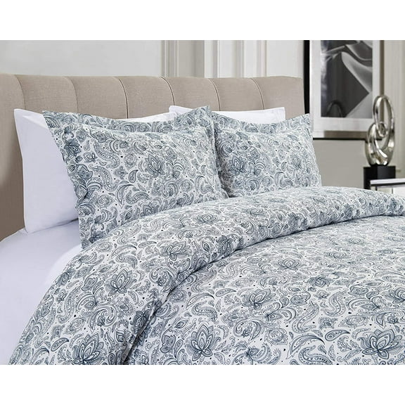 3-Piece Duvet Set, Paisley Design, Comforter Cover with Corner Ties & Button Closure, Full/Queen, Navy Blue
