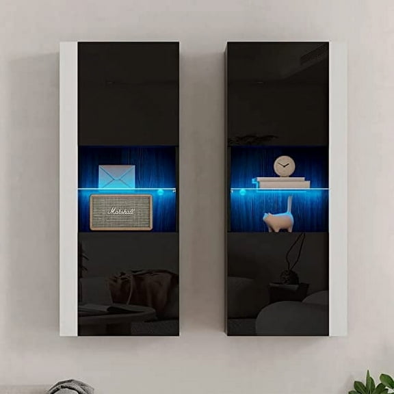 LUXOAK Modern Wall Storage Cabinets with LED Lights, Hanging Cabinets with Closed Doors, Black