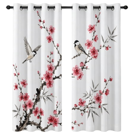 Spring Pink Floral Blackout Curtains 84 Inches Long Country Rustic Watercolor Flowers Bird Tree Leaf Thermal Insulated Room Darkening Drapes with Grommets for Living Room 42 W x 84 L 2 Panels