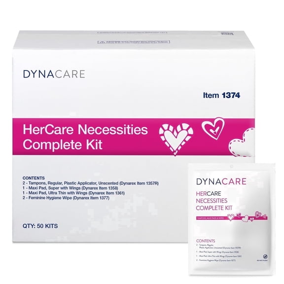 Dynarex HerCare Feminine Hygiene Period Travel Kit, Menstrual Kit with Tampons, Maxi Pads, and Wipes, 50 Count