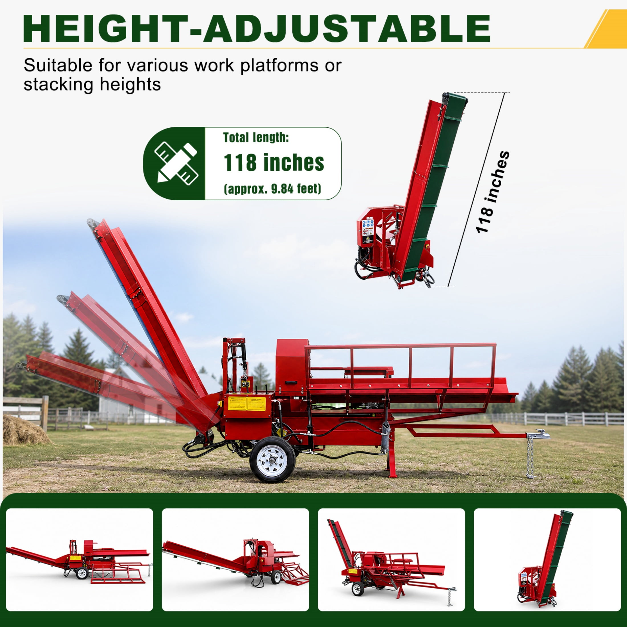 QEEKA 27T Firewood Processor & Log Splitter, 739cc Gas Engine, 17.32" Max Cut, 20" Chainsaw, Log Lifter, 3m Conveyor, 6-Way Hydraulic Wedge, Portable, for Home, Farm, Small Business