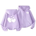 thumbnail image 2 of fnnxnal Girls' Purple Sweet Heart Print Full-Zip Hoodie - 100% Polyester Soft Skin-Friendly Kangaroo Pocket Kids Sweatshirt for 3-12 Years,Size 9-10T, 2 of 8