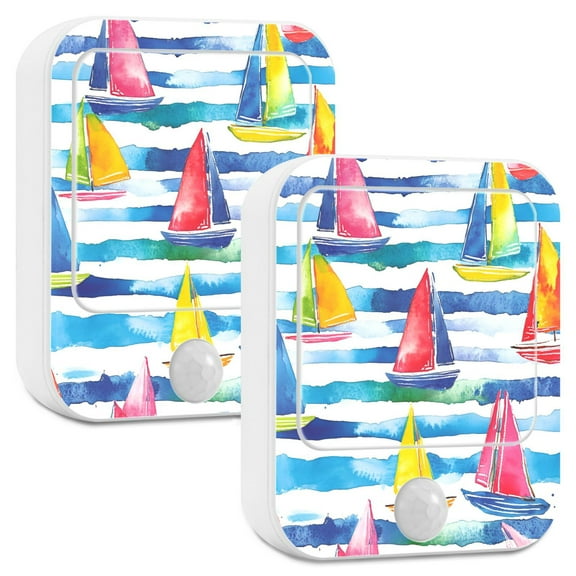 Yayeee LED Night Lights with Motion Detectors Auto Dusk to Dawn Light Sensors, 2 Pack, Yellow Hand Drawn Sailboats