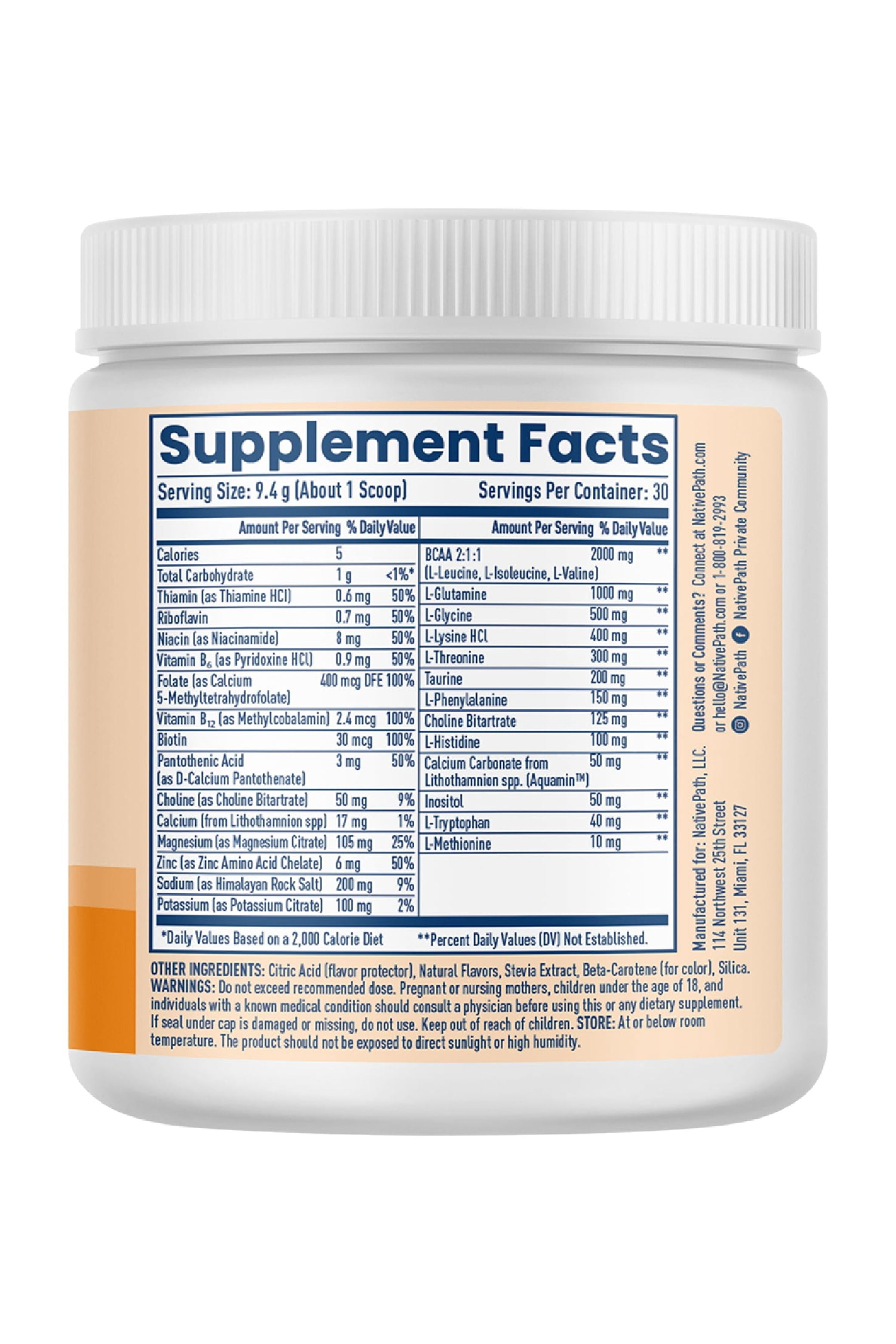 NativePath Hydrate Electrolyte Powder, Tangerine, Zero Sugar Drink Mix with BCAAs, 30 Servings