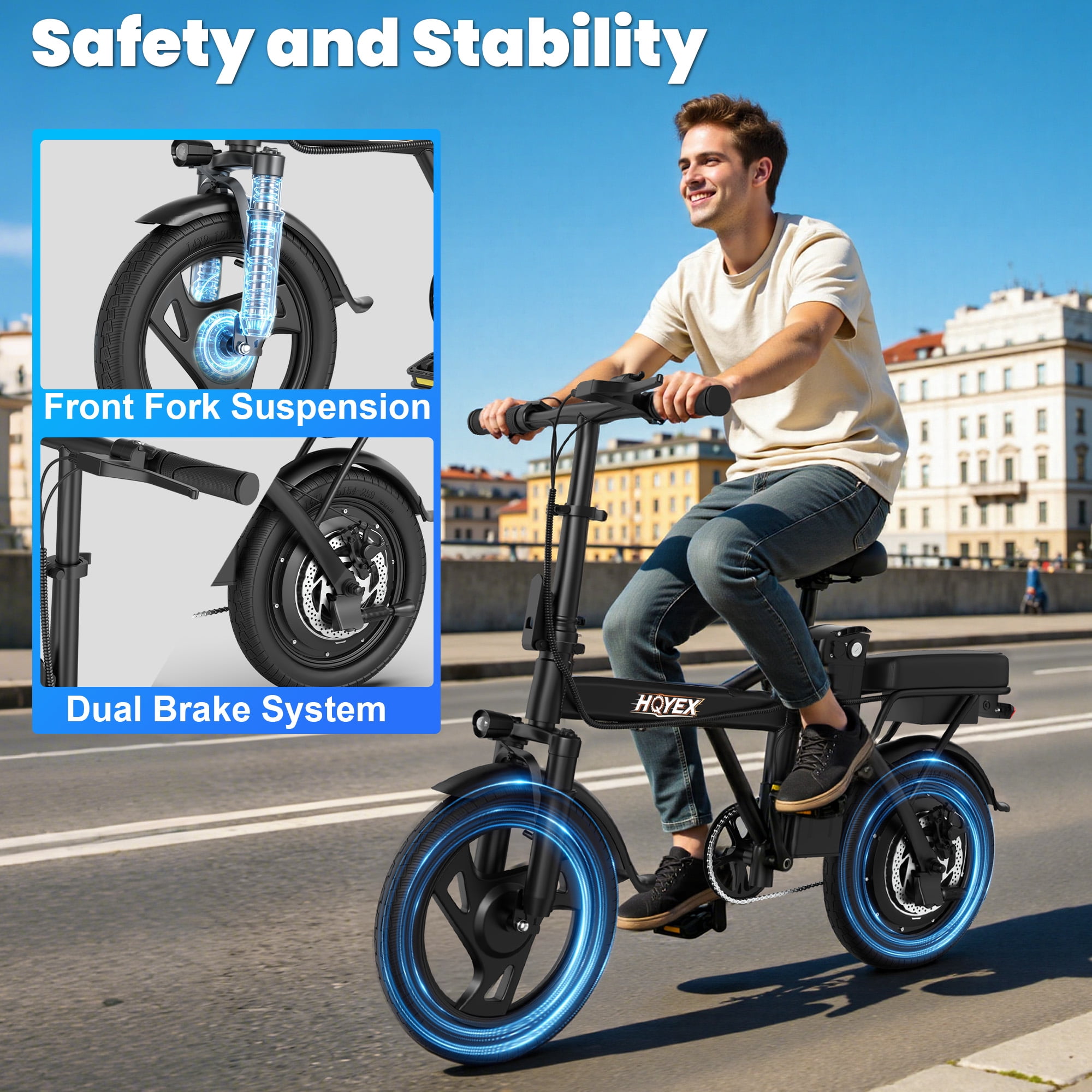 HQYEX HQ14PRO 500W Adult Electric Bicycle, 14 Inch Fat Tire Ebike with 48V 9Ah Rechargeable Battery, Max Speed 22MPH, Dual Brakes & Full Suspension, Adjustable Seat, Perfect for Commuting E Bike