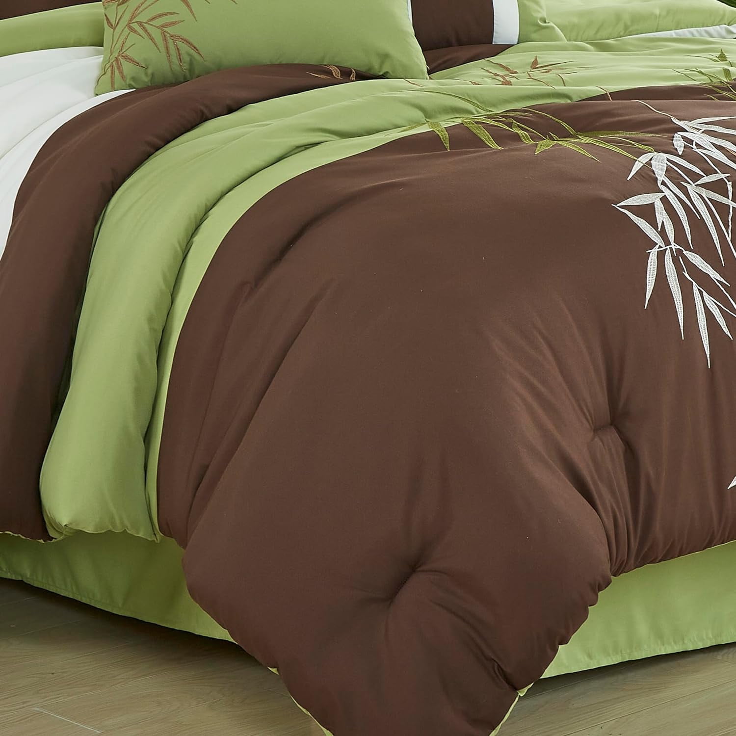 Chezmoi Collection Bengal 7-Piece Bamboo Embroidered Comforter Set California King Size, Sage Green Brown Ivory Bamboo Grass Microfiber Comforter Bedding