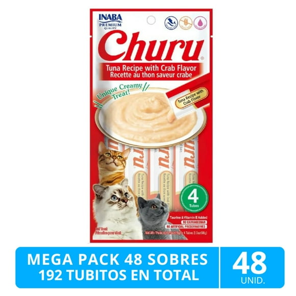 Caja con 192 Churu Atún con Cangrejo de 14 g (48 sobres)