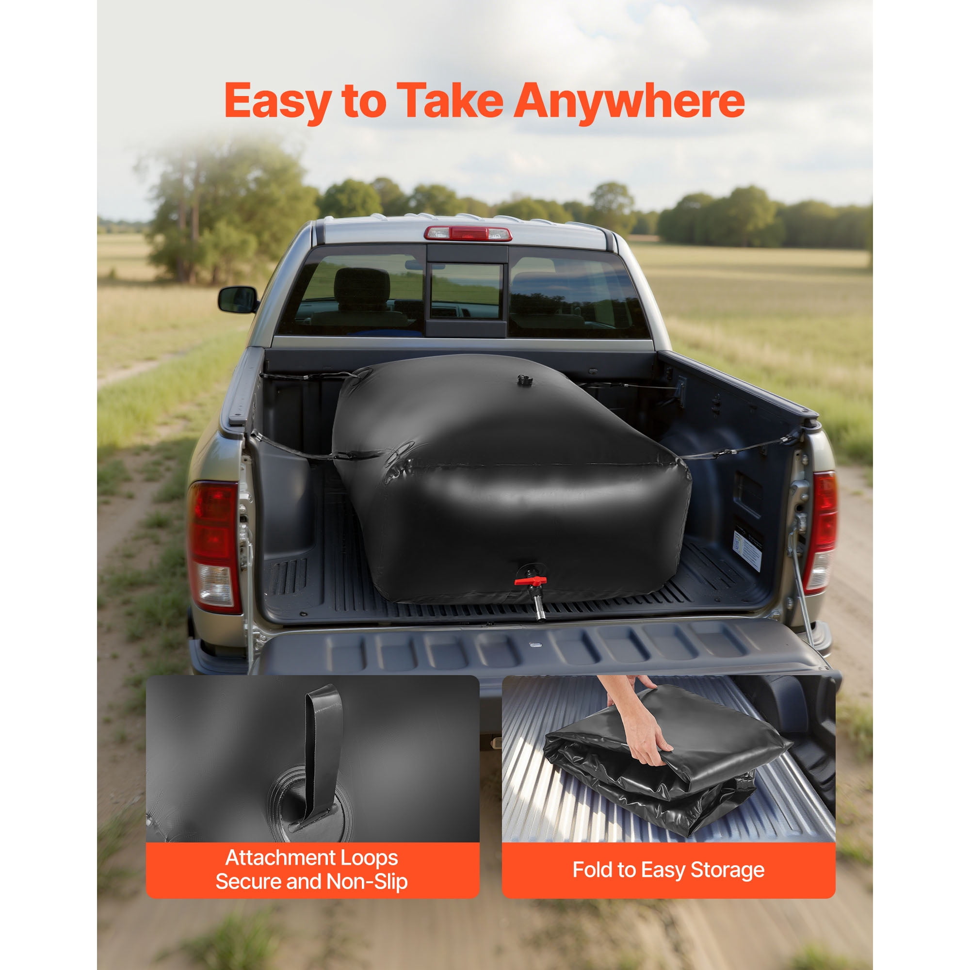 KFFKFF Collapsible Water Storage Bladder, 264.2 Gal Capacity, Durable 1000D PVC Material, Leak-Resistant Portable Water Tank for Gardening, RVs, and Emergency Use, Black
