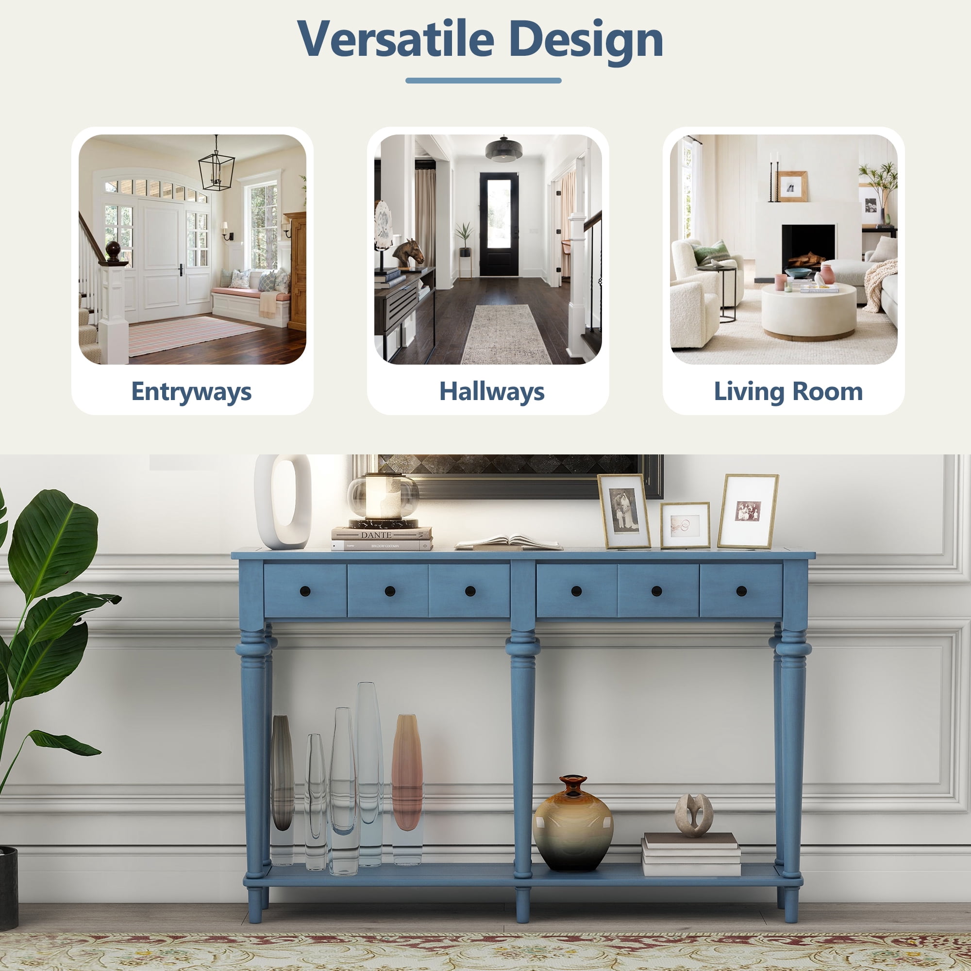 MAYEERTY Vintage Console Table with 4 Drawers, Entryway Table with Open Shelf for Hallway & Living Room, Navy Blue