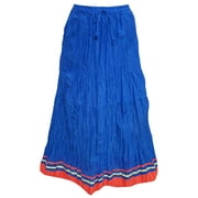 Mogul Women's Cotton Maxi Skirt Solid Blue A- Line Tiered Long Skirts