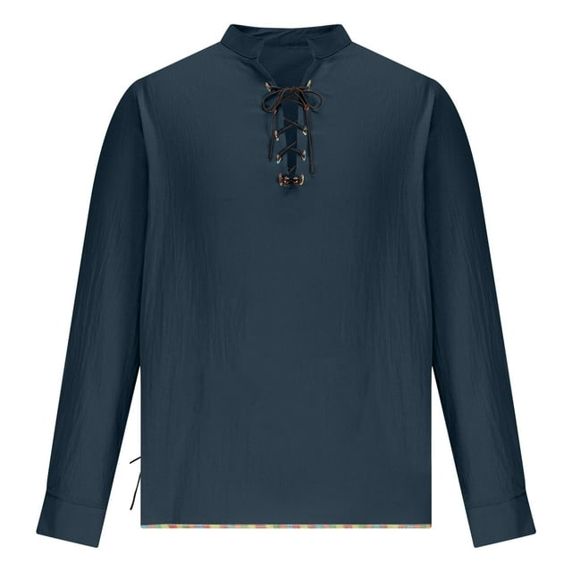 hotojiny Longues Chemises à Manches pour Hommes Rétro Lacets Hauts Renaissance Classique Vintage Col en V Vêtements de Fête d'Automne