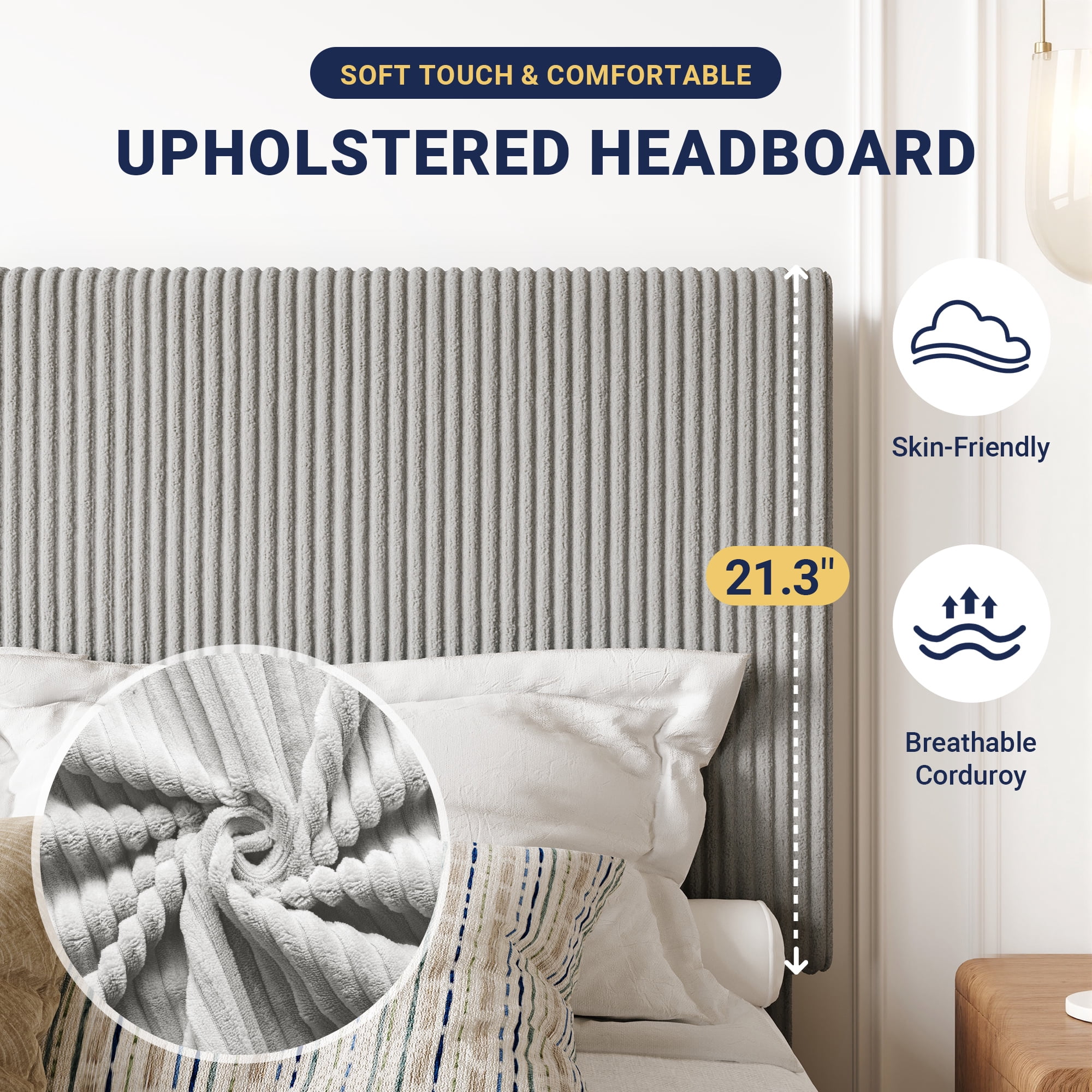 Allewie Queen Bed Frame, Upholstered Platform Bed, Adjustable Vertical Channel Tufted Headboard, Corduroy Fabric, Modern Low Profile, Wooden Slats, No Box Spring Needed, Easy Assembly, Light Grey