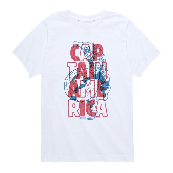 Captain America - Name Over Portrait - Youth Boys Short Sleeve Graphic T-Shirt