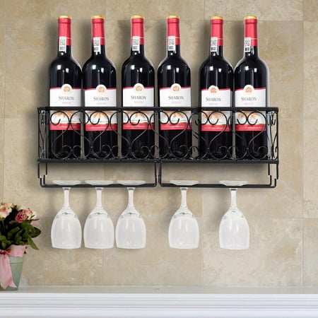 Wall Mounted Metal Wine Rack Wine Bottle Storage W Glass Holder