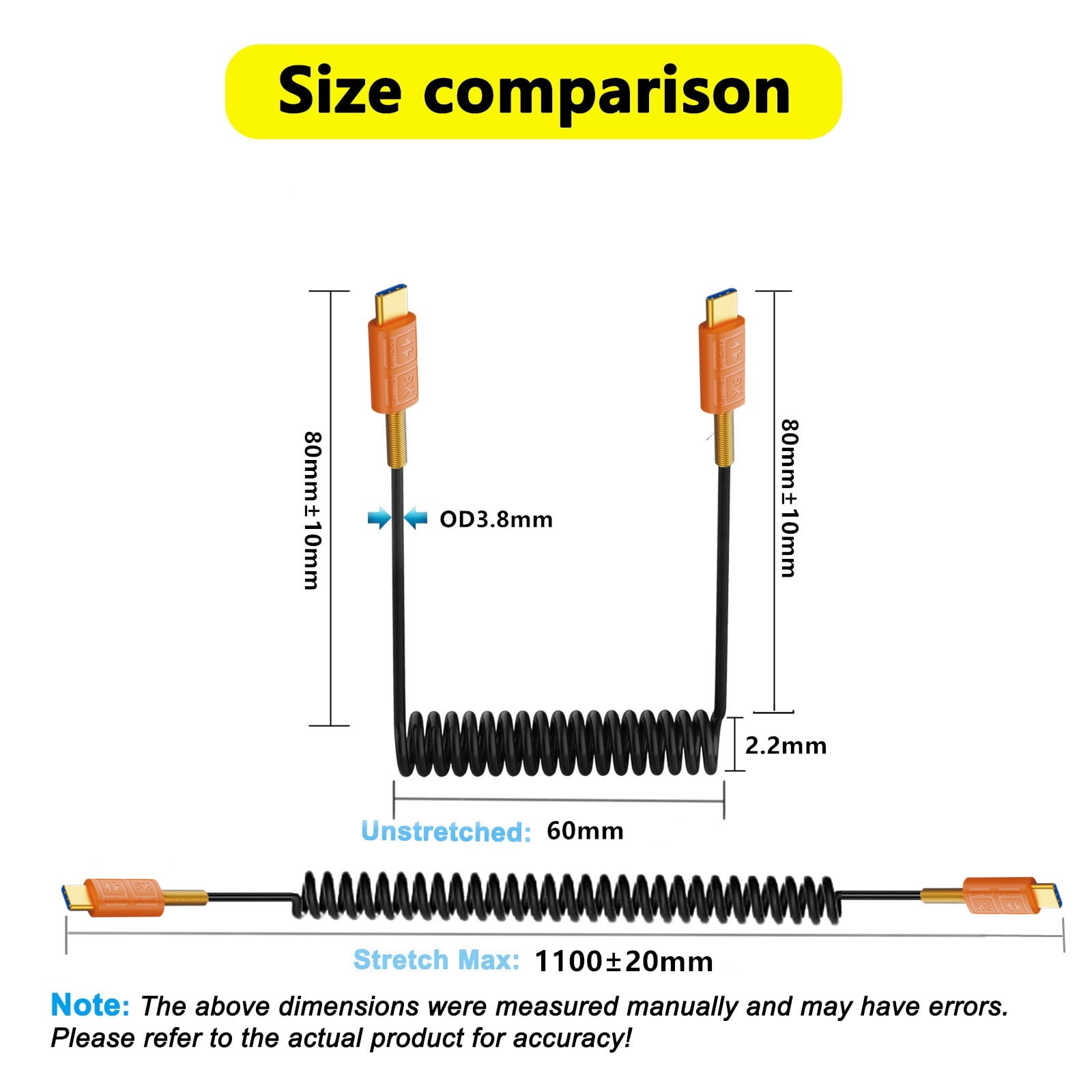 Spring Coiled Data Cable USB Type C Telescopic Charging Wire Line Adjustable Length up to 1.1m Support 240W Charging
