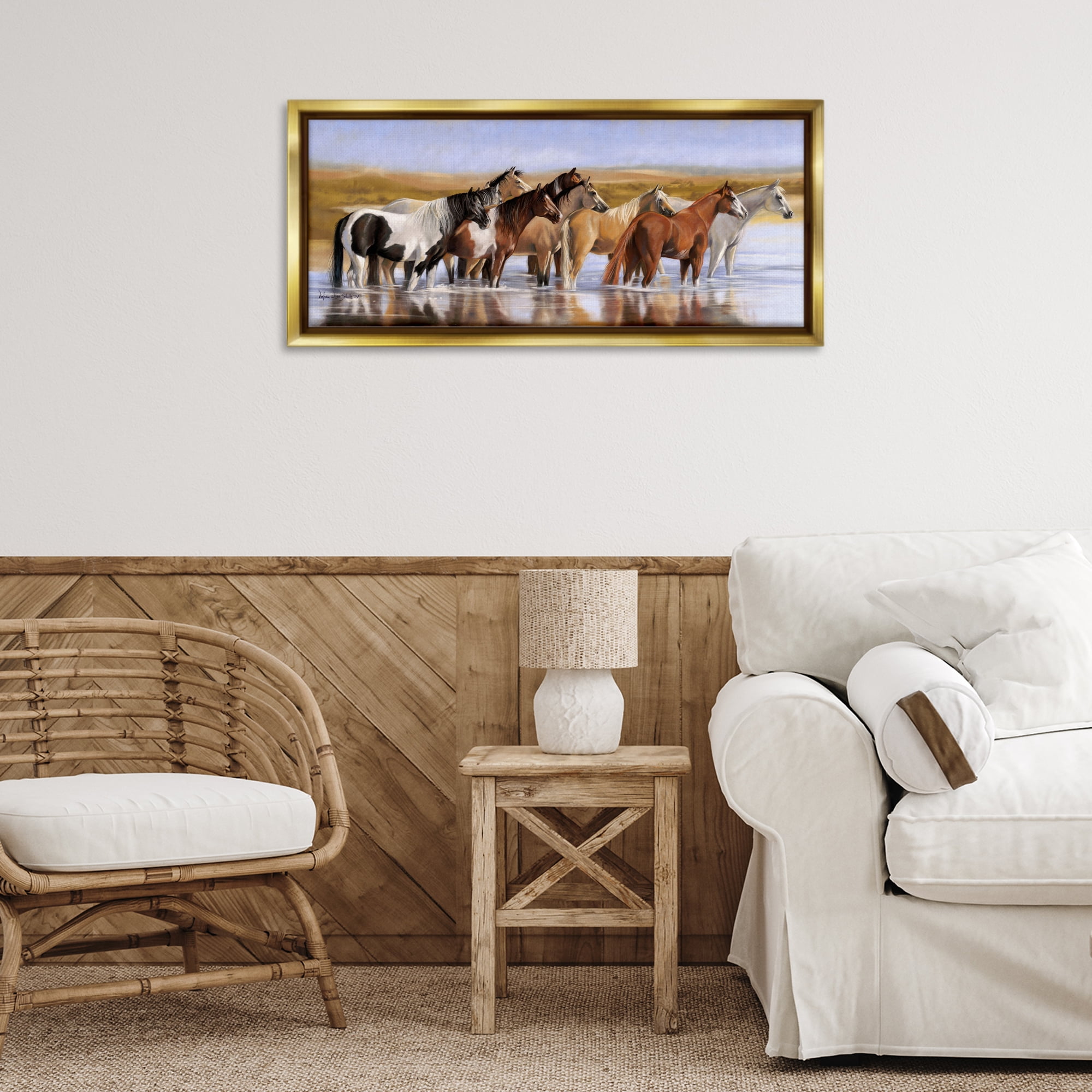 Stupell Industries Horse Herd in River Animals & Insects Painting Gold Floater Framed Canvas Art Print Wall Art, 31 x 14