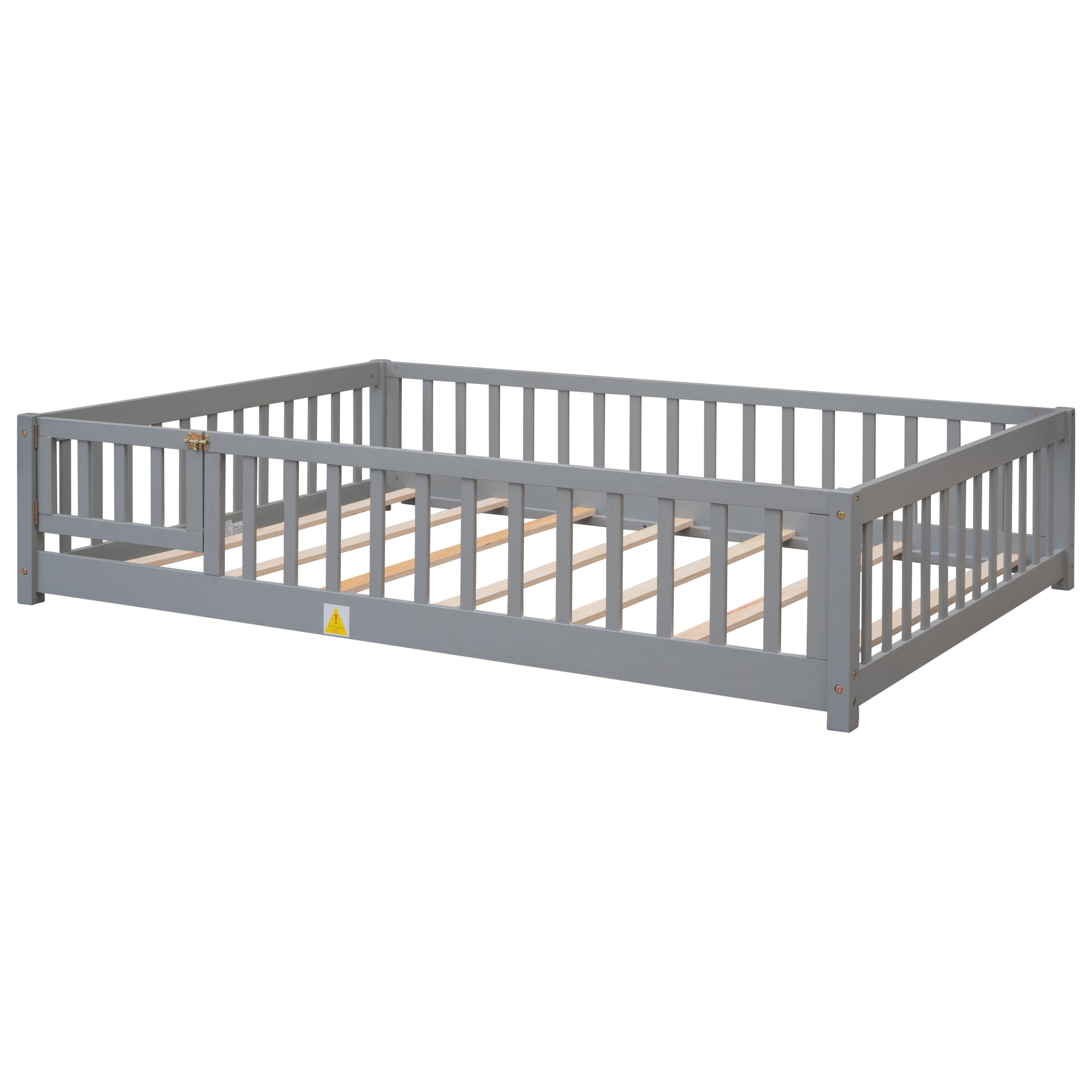 Miniyam Full Kids Floor Bed with Fence Door, Montessori Wood Platform Bed Frame with Slats, Gray