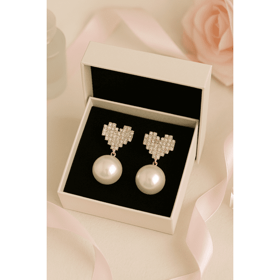 Crystal Heart and Pearl Drop Earrings – Elegant Statement Jewelry for Women