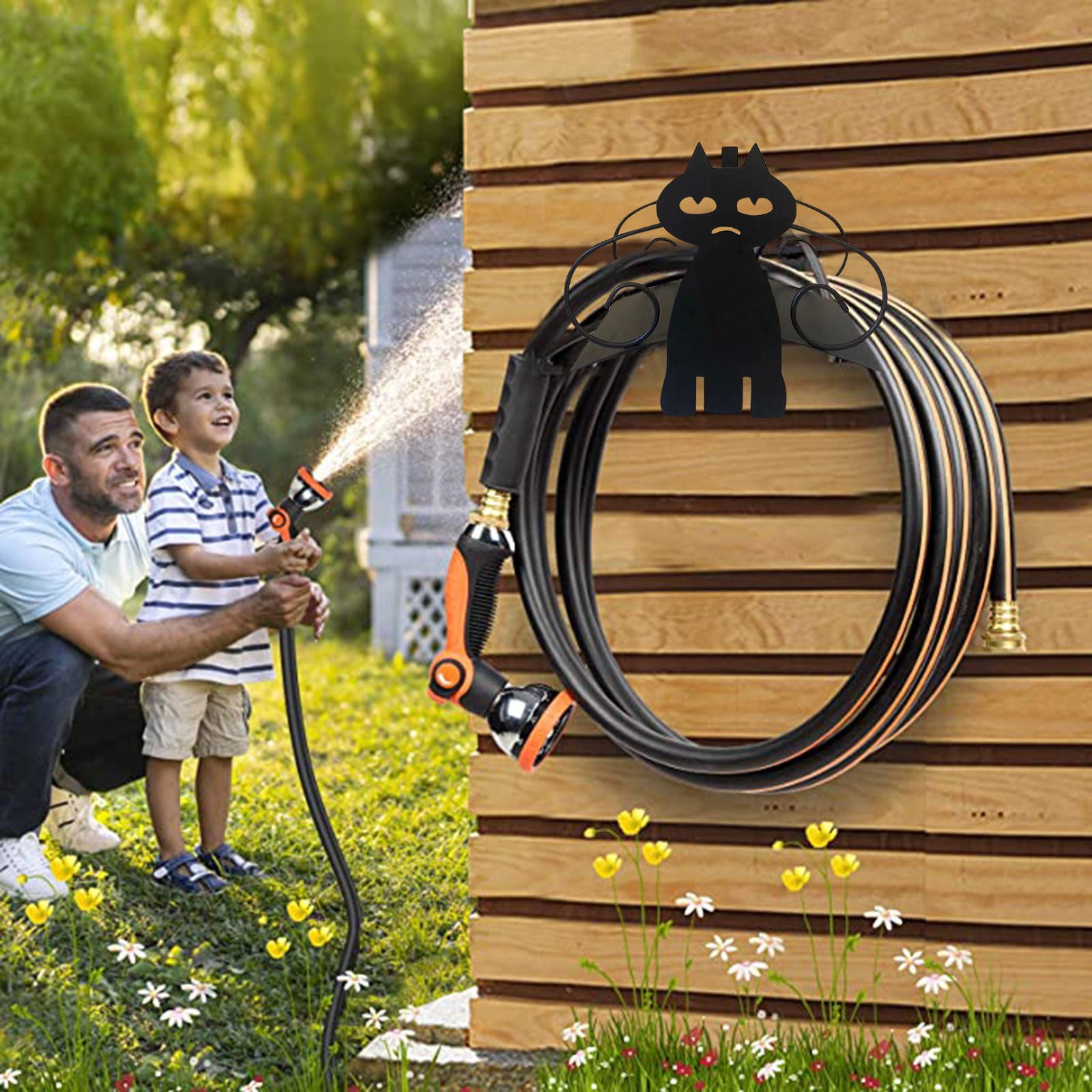 (Clearance) BNNG Black Cats Water Hose Holder, Wall Mount Garden Hose Hanger, Heavy Duty Iron Hose Reel Wall Mounted, Indoor Outdoor Watering Hose Wall Hook, Yard Balcony Water Pipe Storage Rac