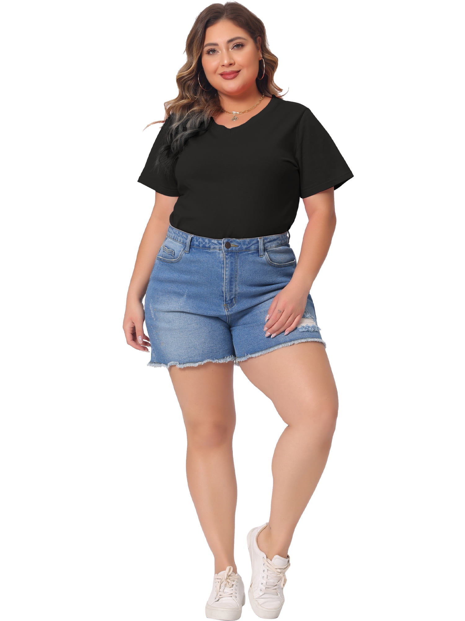 DARING DIVA Women's Plus Basic V Neck Short Sleeve Casual Tops T Shirts 3X Black