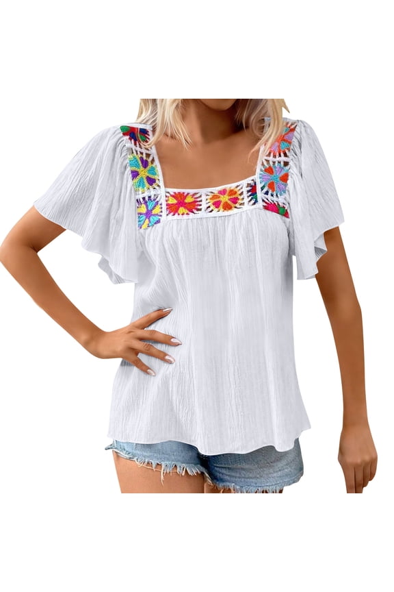 Women's Boho Floral Embroidered Blouse Square Neck Flutter Sleeve Crinkle Blouse, Tunic Summer Pullover Tops White,M