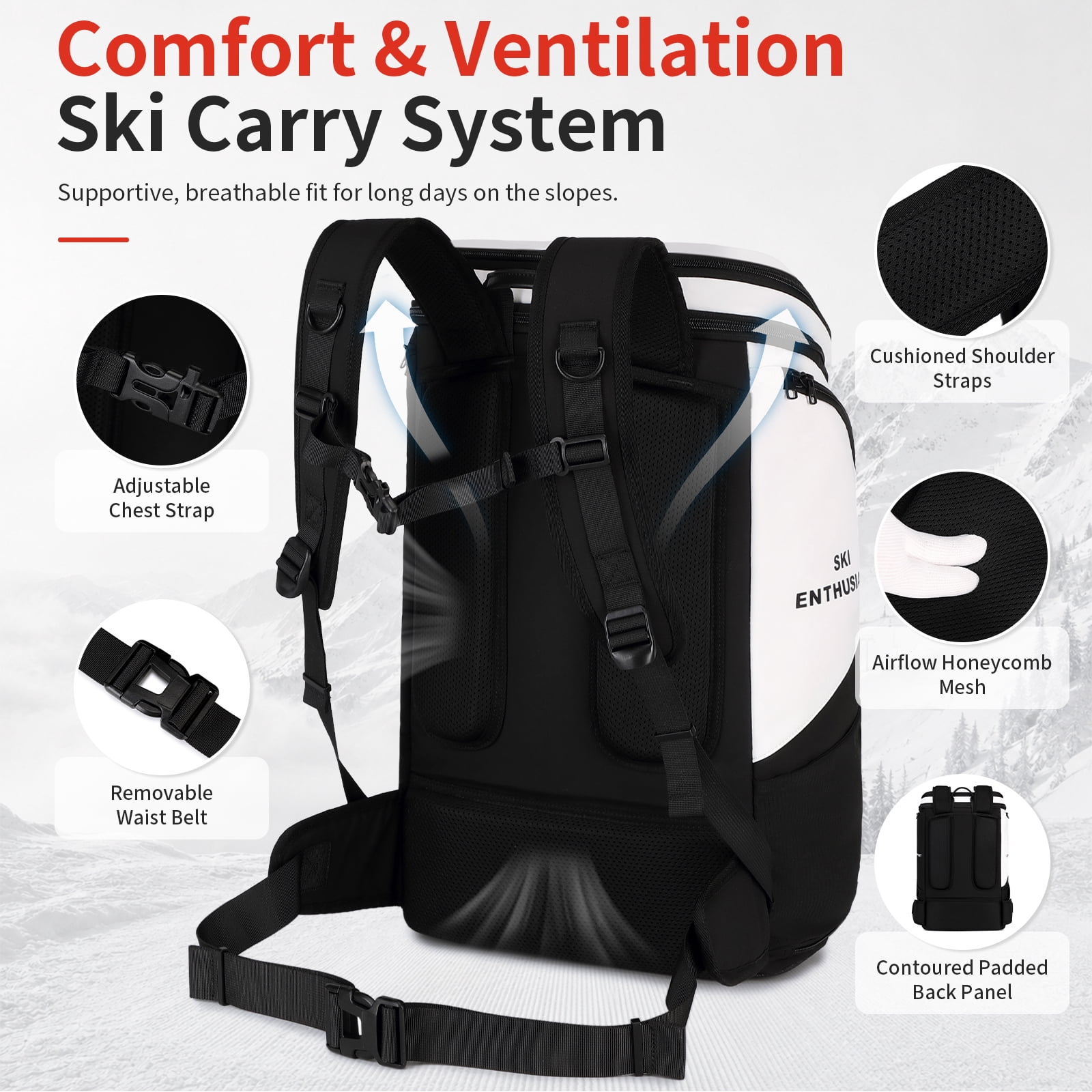 JIDIZHE Ski Boot Backpack Water-Resistant Textured Fabric 12.6 x 7.5 x 20.5 in for Snow Travel, Black and White