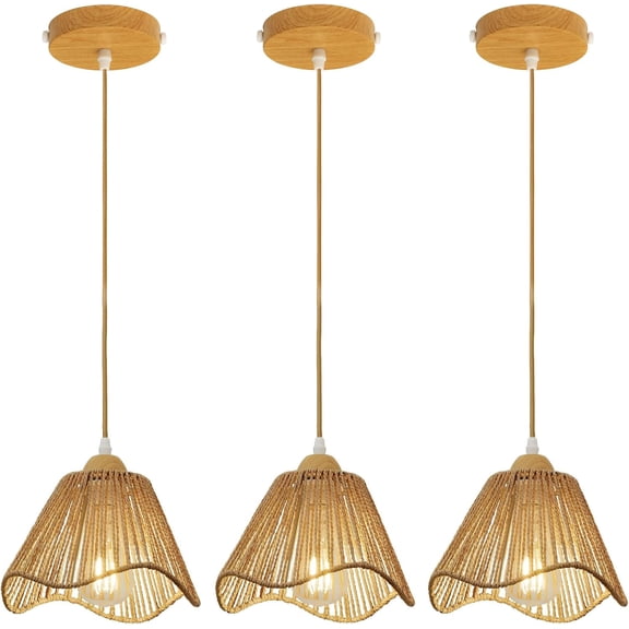 3 Pack Boho Rattan Pendant Lights for Kitchen Island Wave Shade