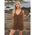 thumbnail image 4 of Women 2 Piece Casual Knit Loungewear V Neck Tie Front Vest Matching Shorts Sets Beach Cover Up Vacation Resort Outfits Brown XL, 4 of 7