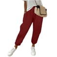 thumbnail image 2 of Flare Scrubs Pants for Women Linen Pants Women Drawstring Waist Ankle Length Casual Loose Fitting Trouser with Side Pockets for Summer Wine L, 2 of 7