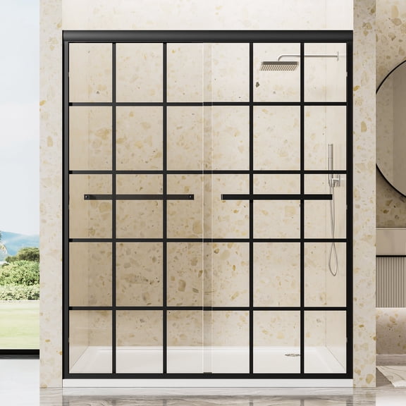 KPUY 56" - 60" x 72" Framed Double Sliding Shower Door with 1/4" Tempered Glass, Nano Self-Cleaning Coating, Black Grid Pattern, Matte Black