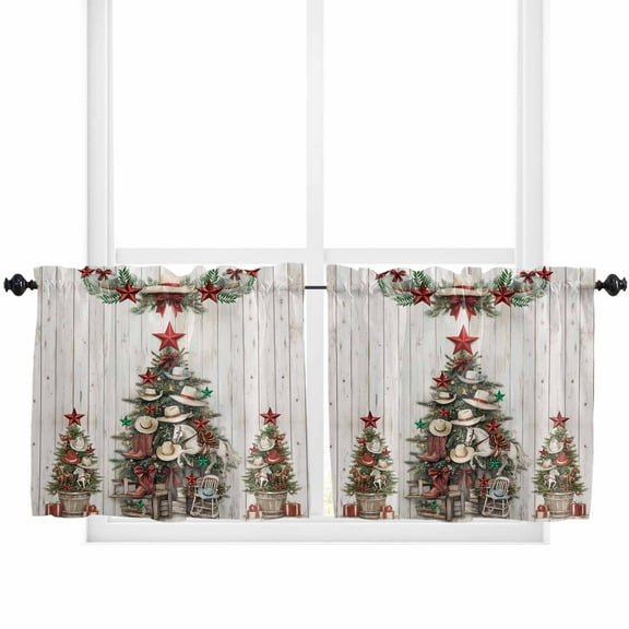 Western Christmas Kitchen Curtain 2 Panels Tiers Curtains 24 Inch Length, Xmas Cowboy Tree Vintage Wooden Curtains Rod Pocket Curtains Window Drapes Treatment Window Cafe Curtains