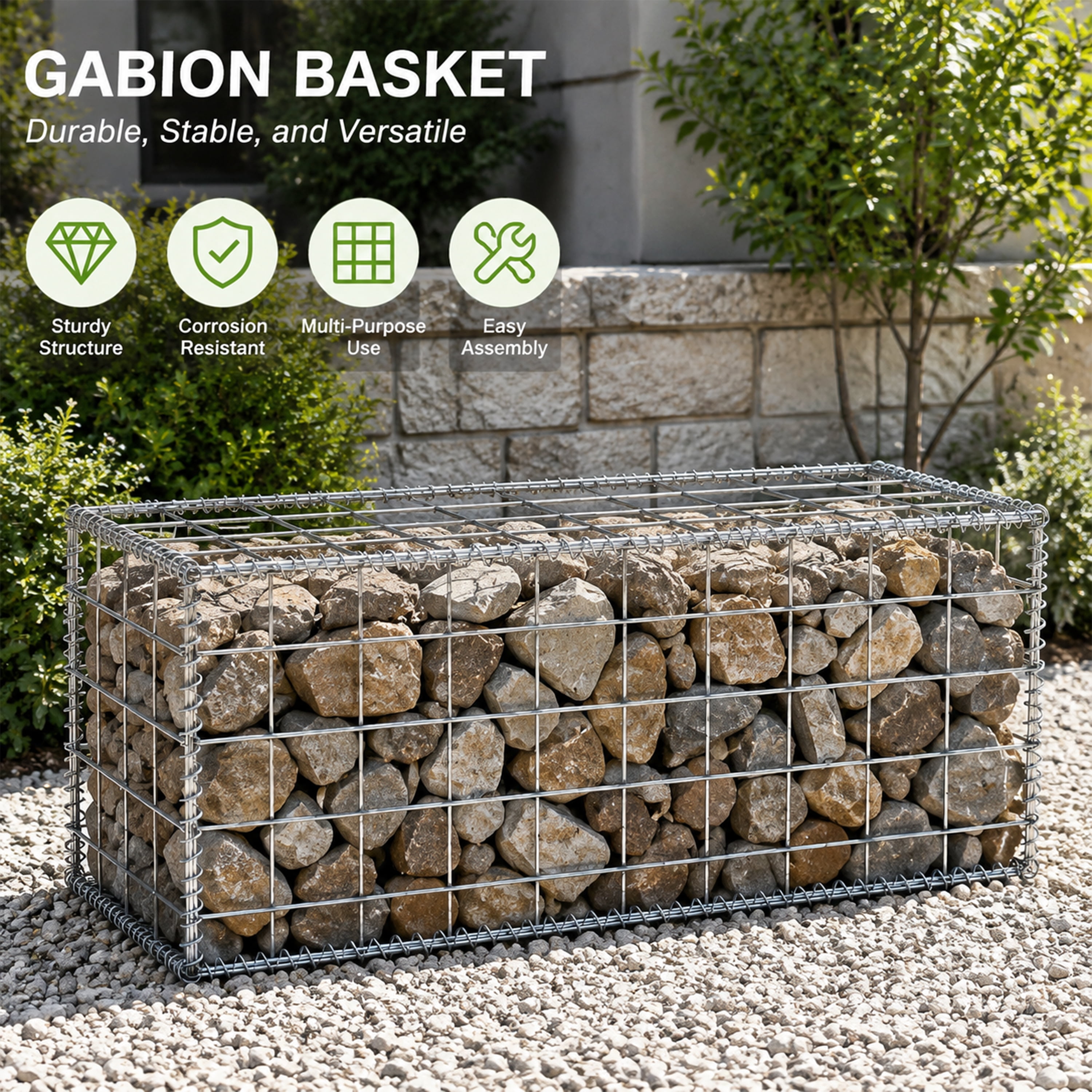 Galvanized Gabion Basket 39-3/8" x 19-5/8" x 19-5/8", 4mm Heavy Wire, Premium Galvanized Steel Construction, Tool-Free Assembly for Garden Retaining Wall