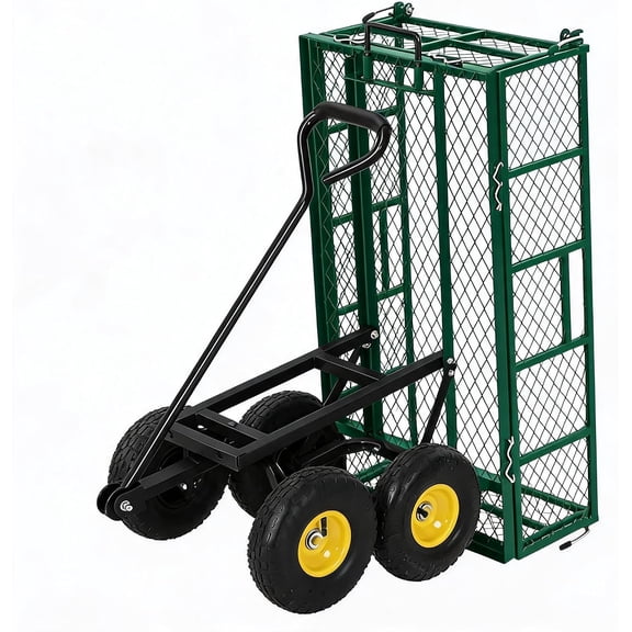 900-lb Capacity Steel Garden Cart 4 cu ft Yard Wagon with Removable Sides and Flatbed Conversion Green Yellow