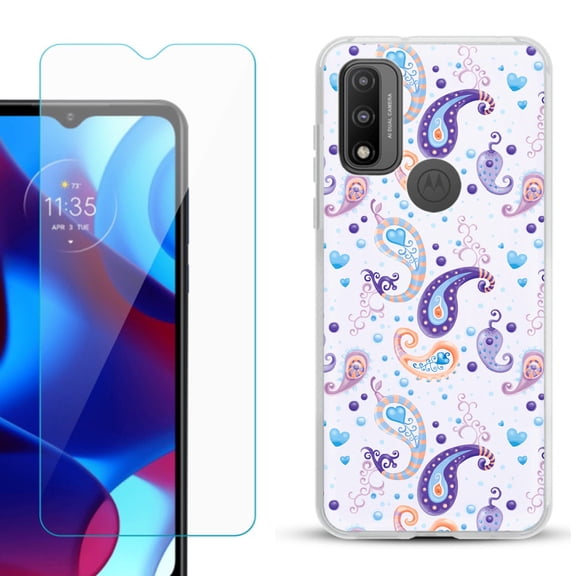 Slim-Fit Gel TPU Phone Case for Motorola Moto G Pure, with Tempered Glass Screen Protector, by OneToughShield ® - Paisley Purple